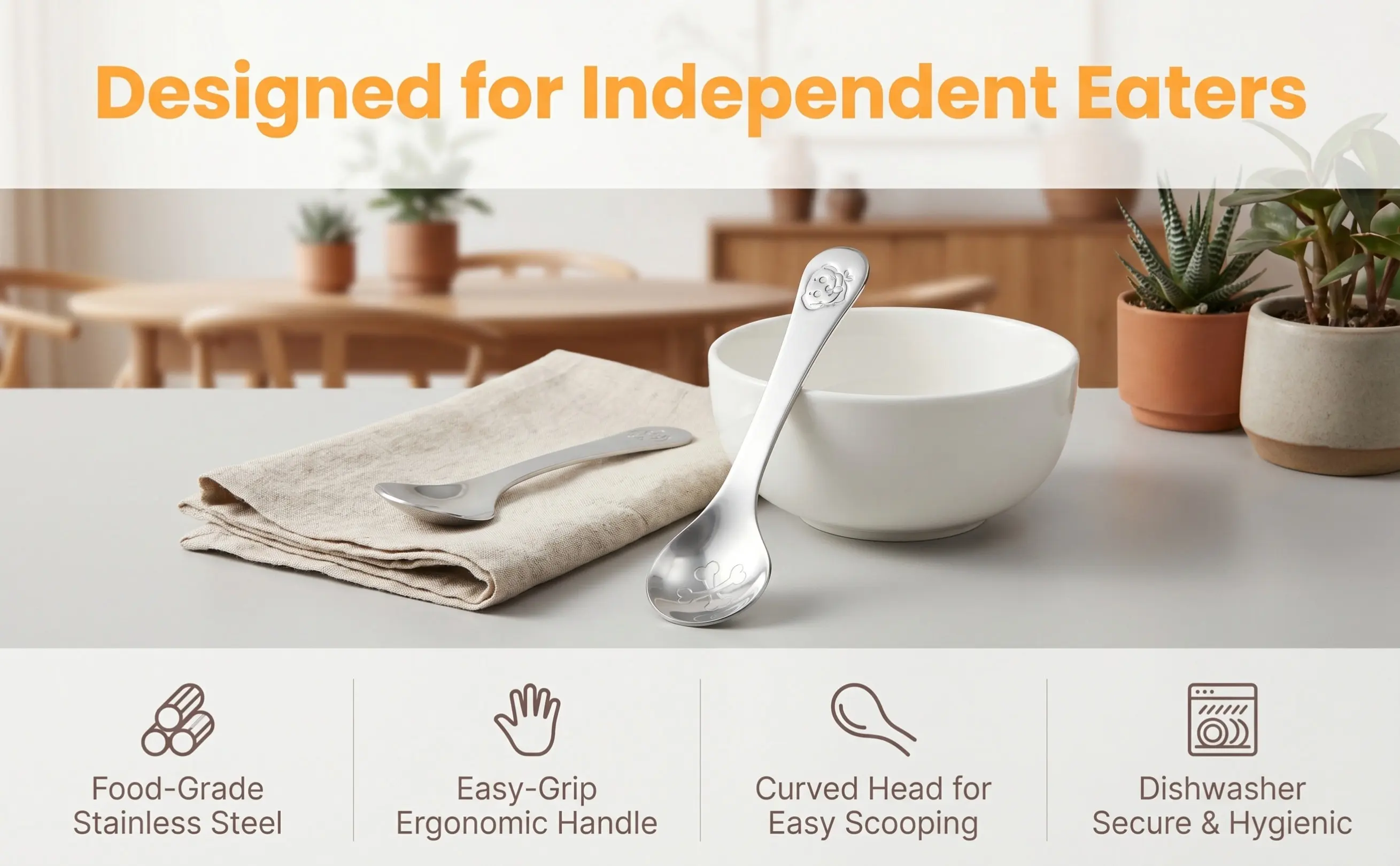 2Pcs Learning Feeding Stainless Steel Baby Spoon Safe Rustproof Training Cutlery -Feeding Utensils for Baby Tableware