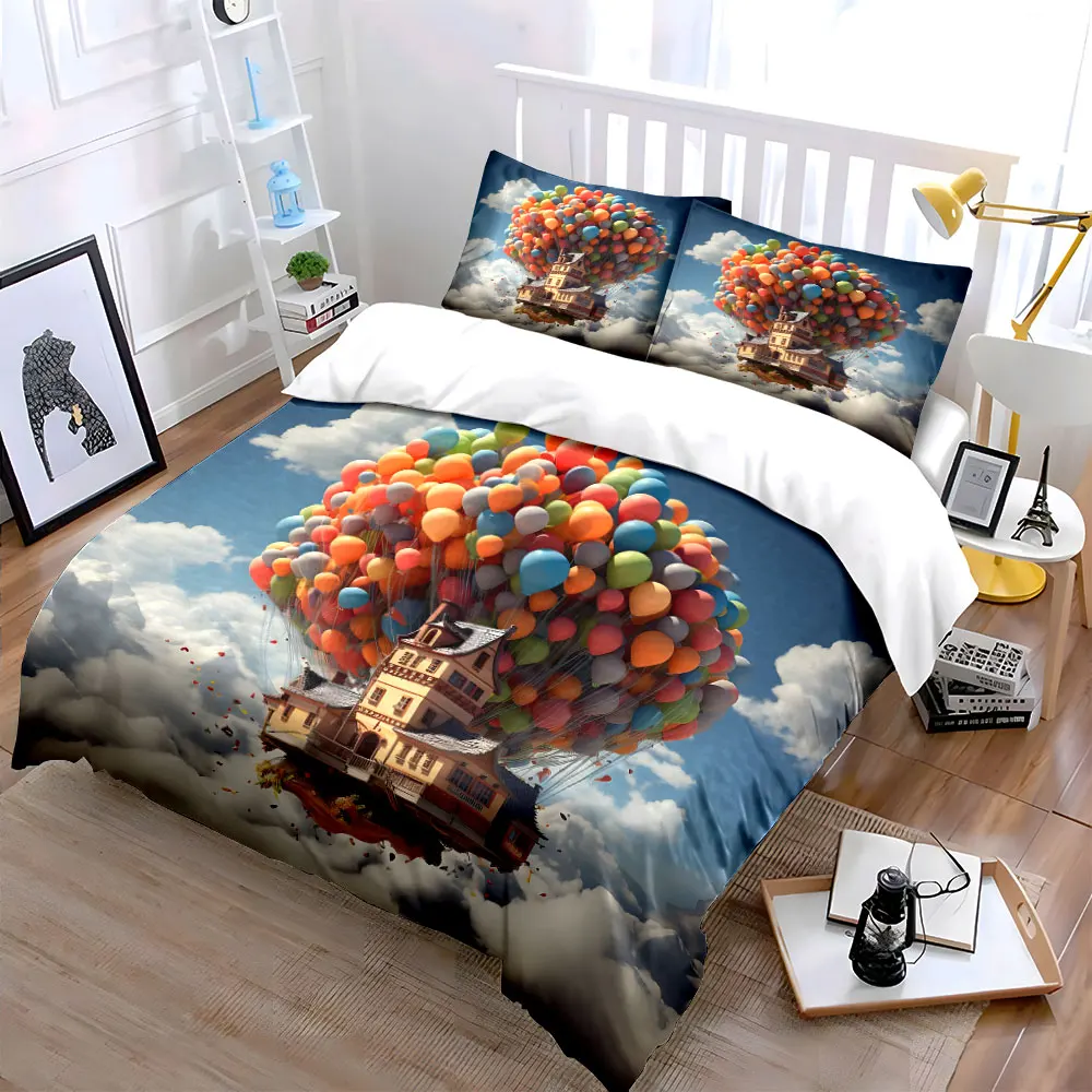 Floating House Balloon Decor Soft Skin-Friendly Bedding Set Includes 1 Duvet Cover And 2 Pillowcase, Gift