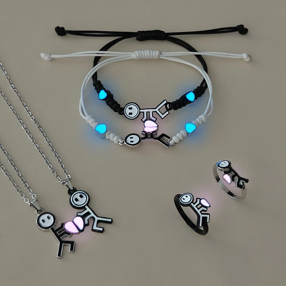 6 Pieces Luminous Heart Cartoon Figure Couple Necklace Rope Ring for Women Fashion Confession Jewelry Set