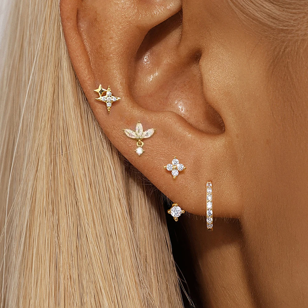 4PCS Zircon Star Moon Flower Small Hoop Earrings Set For Women Stainless Steel Huggies Pendant Piercing Earrings Jewelry Aretes