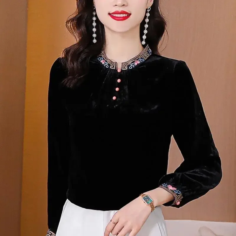 Retro Embroidery Stand Collar Shirt Women Autumn Winter High-end Velvet Tops Anti-aging Beautiful Chic Slim Looking Shirt Design