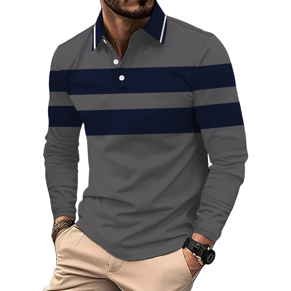 Vintage Stripe Print Mens Polo Shirts Fashion Lapel Golf Wear Men\'s T-Shirt Tops Street Sports Long Sleeve T Shirt Men Clothes