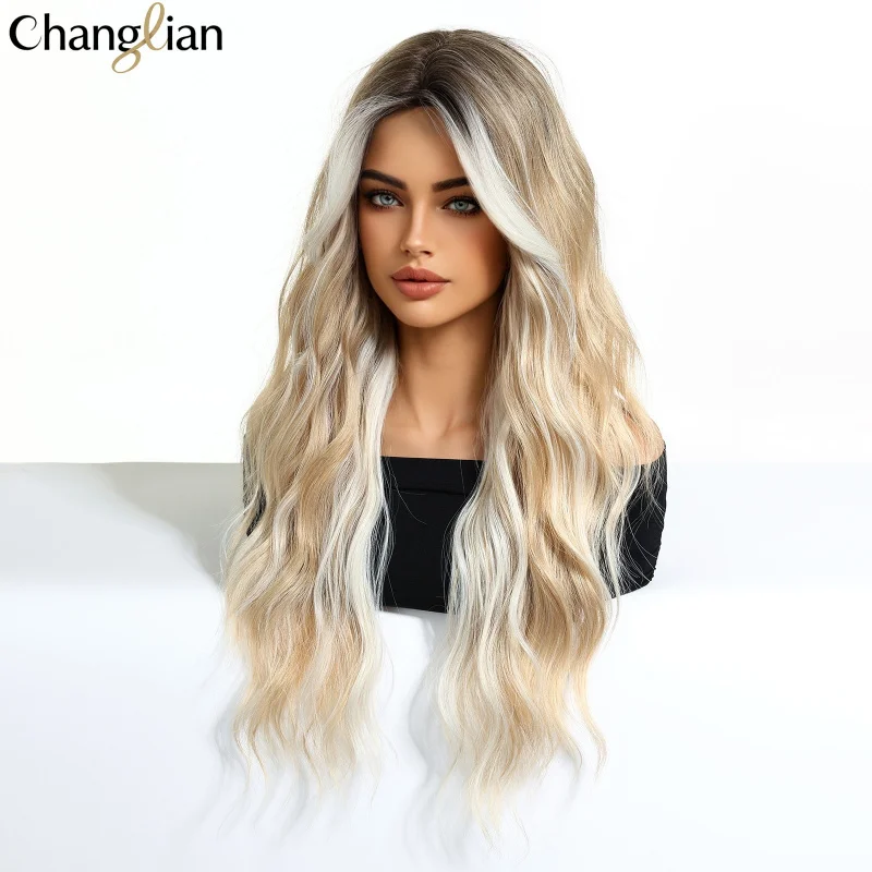 Platinum blonde highlights, large wavy long curly hair with a natural fluffy bangs, full head wig for women
