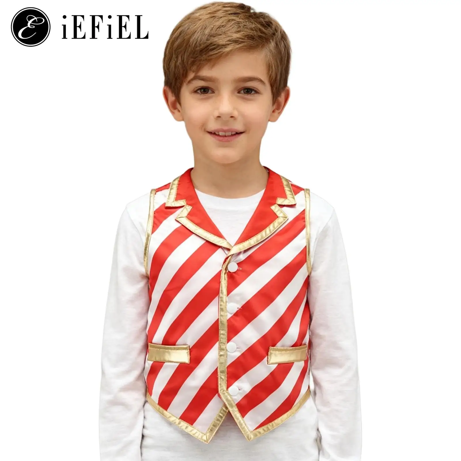 

Unisex Boys Girls Christmas Vest Santa Claus Cosplay Costume Sleeveless Lapel Candy Striped Button Down Waistcoat Top