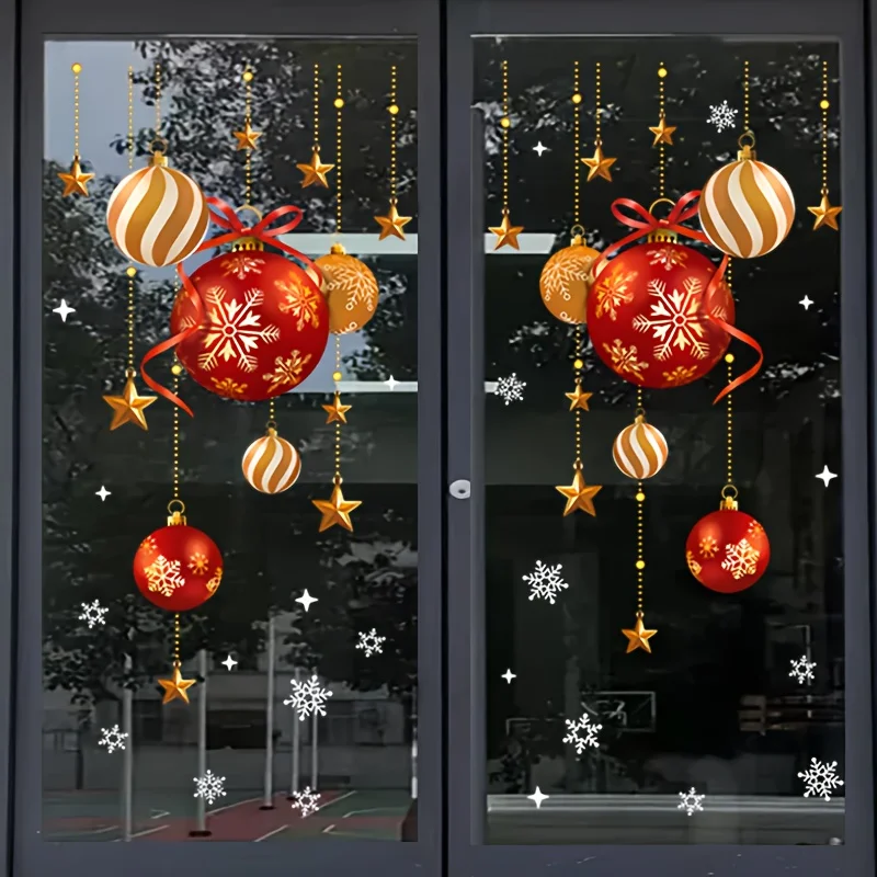 Weihnachtsaufkleber, festliche Atmosphäre, Dekoration, bunte Kugeln, Sterne, Schneeflocken, Aufkleber, dekorative Fensteraufkleber aus Glas