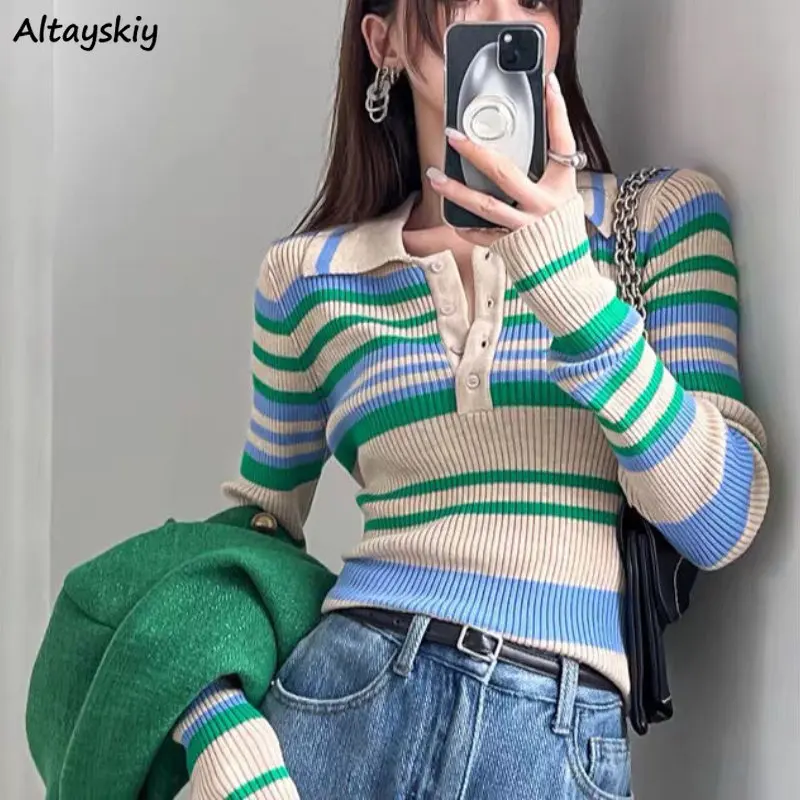 

Vintage Pullovers Women Striped Knitwear Korean Fashion Slim Temper All-match Simple Office Ladies Ulzzang Comfort Tender Chic