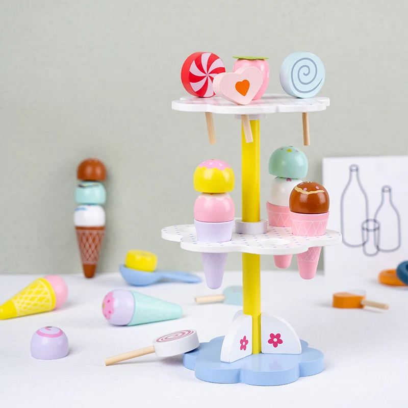 Wooden Simulation Ice Cream Rack, Sweet Cone, Family Early Childhood Education, Enlightenment, Interest Cultivation, Toys
