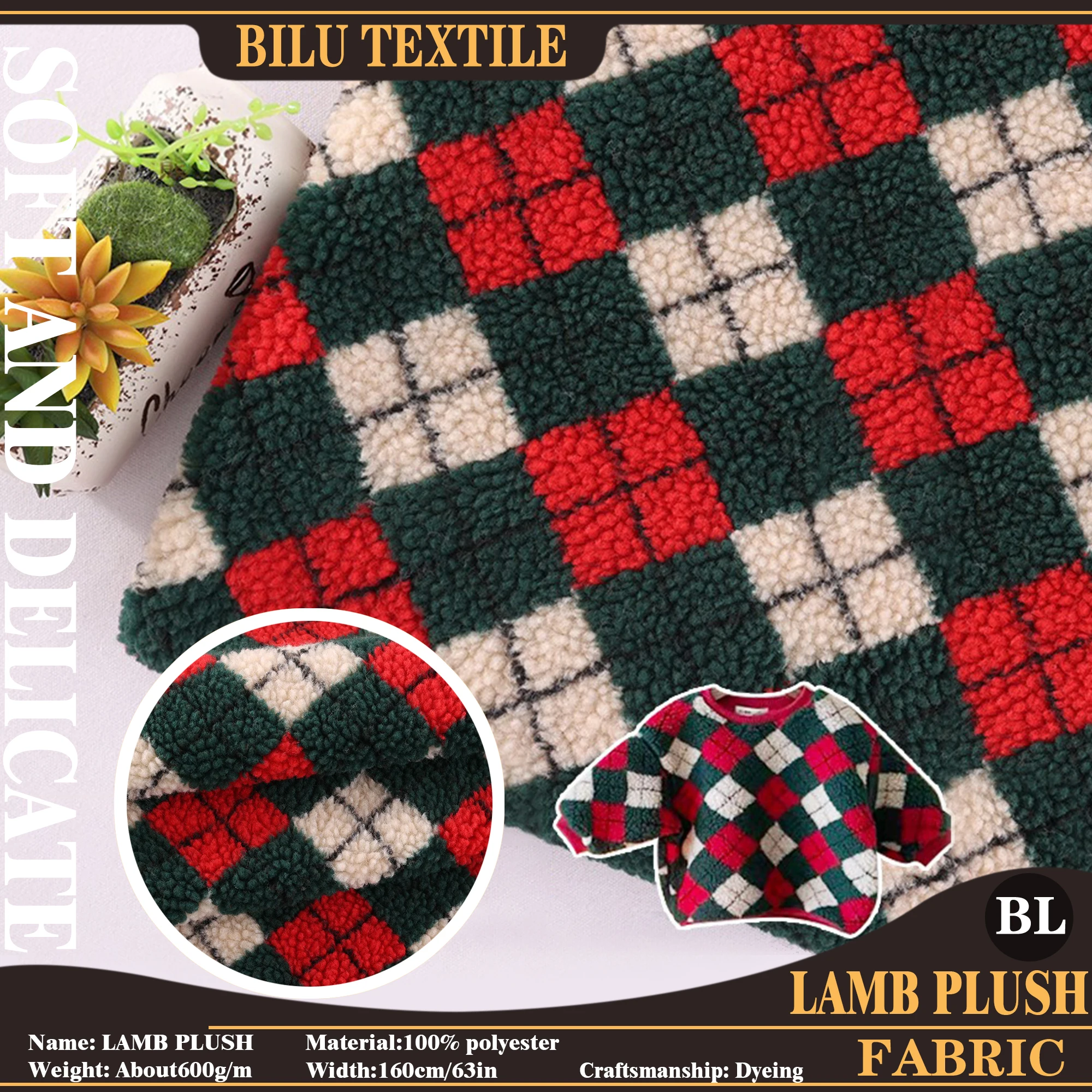600 g/M 2m tela de punto de felpa de cordero a cuadros de estilo navideño grueso DIY costura chaleco sombrero abrigo invierno sudaderas con capucha cálidas ropa de tela