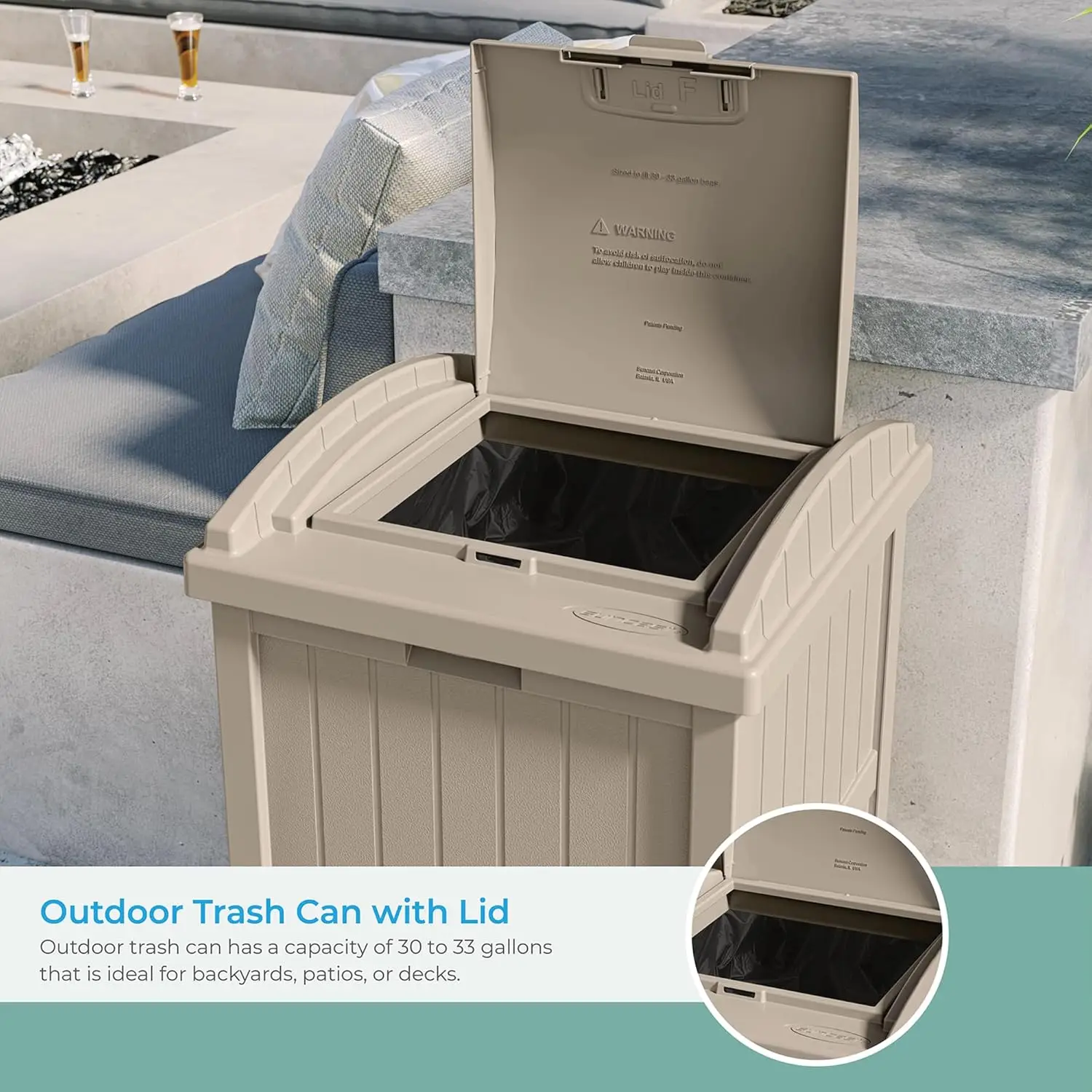 سلة المهملات الخارجية سعة 33 جالونًا مع غطاء - راتنج رمادي داكن للاستخدام في الفناء الخلفي أو السفينة #4