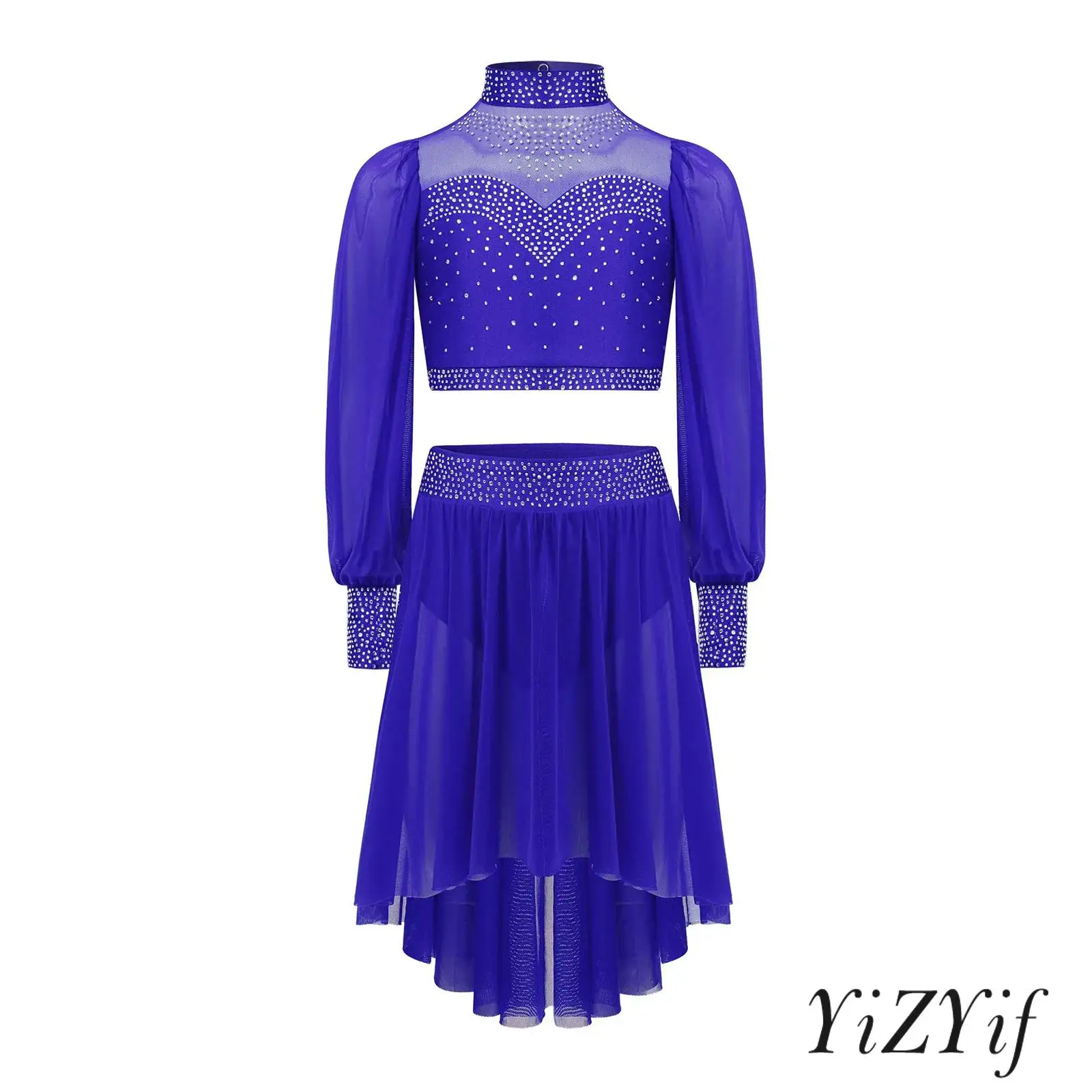 

Lyrical Modern Dance Crop Top Outfit Girls Shiny Rhinestones Mock Neck Long Sleeves With Asymmetrical Skirt Competition Costume
