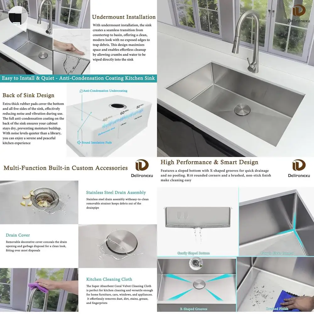

32-дюймовая кухонная мойка из нержавеющей стали с одной чашей и аксессуарами: сливная крышка, сливная сборка, чистящая салфетка
