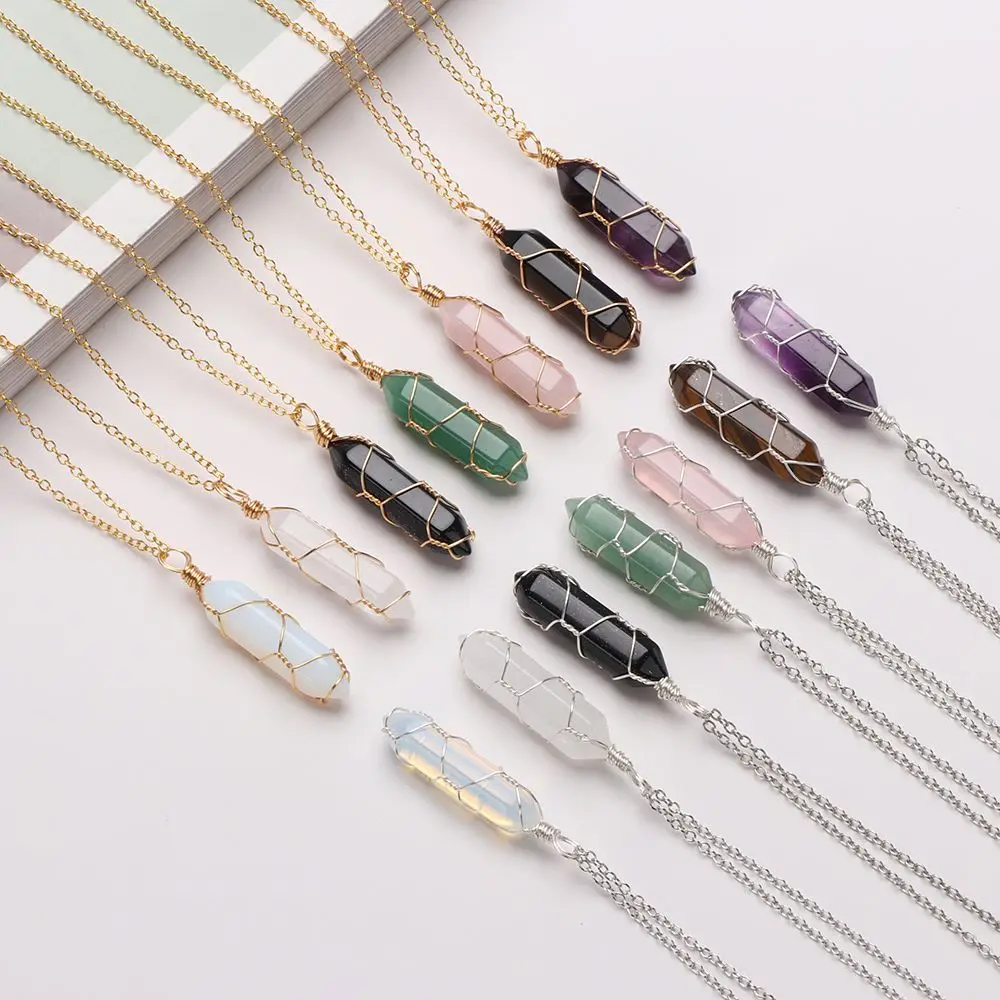 Fashion Hexagonal Cylindrical Crystal Necklace Natural Stone Wire Wrap Stone Pendant Amethyst Tiger Eye Jewelry Accessories