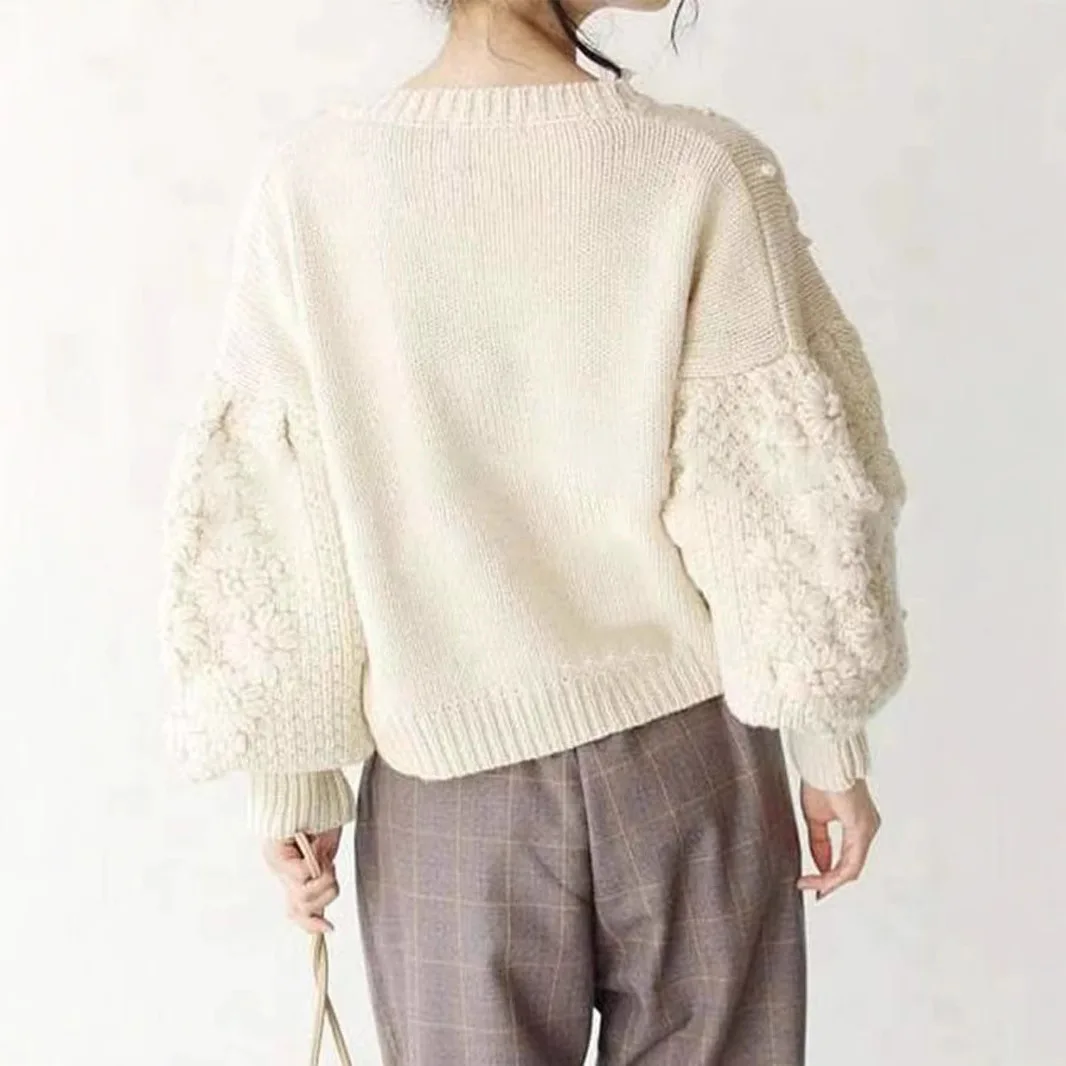 Women's Autumn Winter Three-dimensional Daisy Embroidery Round Neck Sweaters Female Loose Knitted Long Sleeve Pullovers
