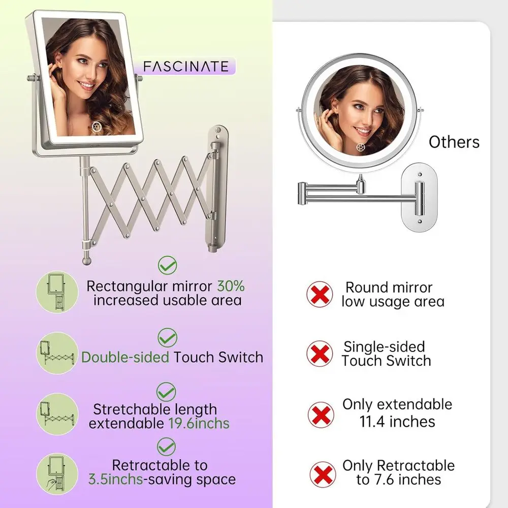 مرآة مكياج LED مزدوجة الجوانب 8.7، تعمل باللمس، تكبير 1X/30X، 3 أضواء ملونة، ذراع قابل للتعديل، 360 درجة ° دوران، النيكل #3