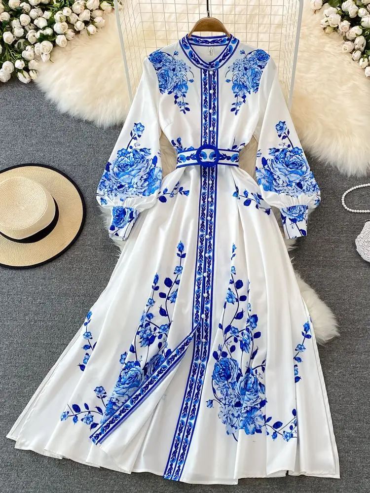 Fashion Blue And White Porcelain Flower Print Dress Women Clothing Long  Lantern Sleeve Single Breasted Belt Vintage Vestidos - AliExpress 200000345