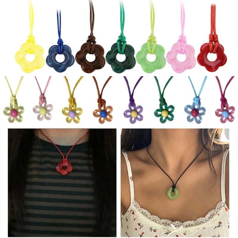 Colorful Flower Pendant Necklace Sweet Flower Clavicle Chain Necklace Acrylic Flower Pendant Choker Collarbone Chain Pendant