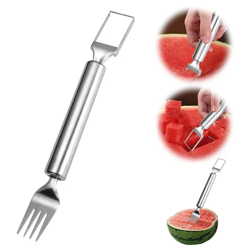 2-in-1 Watermelon Cutter Stainless Steel Dual Head Watermelon Fork Slicer Professional Slicing Fruit Forks Slicer