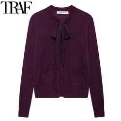 TRAF Cardigan For Women Outerwears Tied Knit Sweater Cardigans Autumn Long Sleeve Jacket Faux Wool Cropped Knitted Cardigan