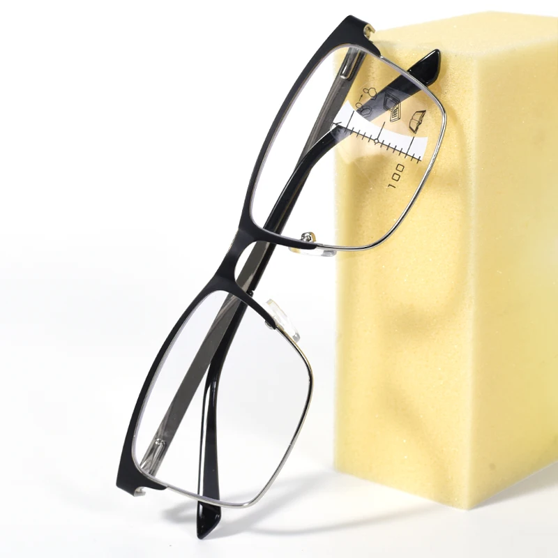 Schwarzer Rahmen, quadratisch, übergroß, aus Legierung, Multifokus-Lesebrille für Herren, progressive Anti-Blue-Ray-Vollrahmen-Presbyopie-Brille +175