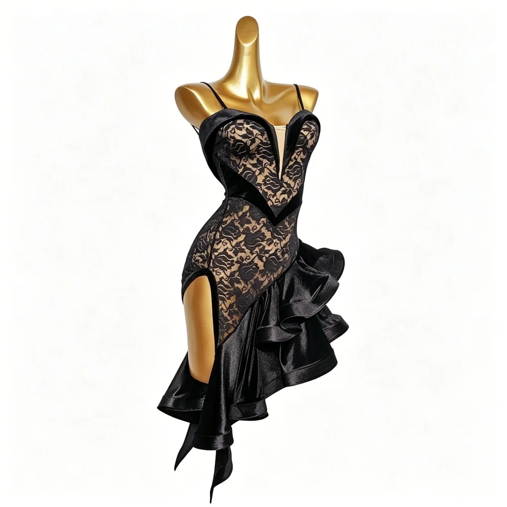 Lace Custom Latin Dance Dress Women's Performance Ballroom Dress Backless Salsa Clothes Rumba Practice Wear Costumes With Gloves