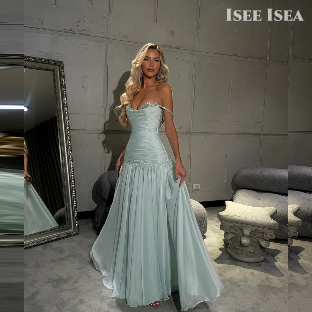 

Aqua Blue Evening Dresses Sweerheart Chiffon Strapless Prom Gown Beaded Red Carpet Dress vestidos de fiesta elegante Customized