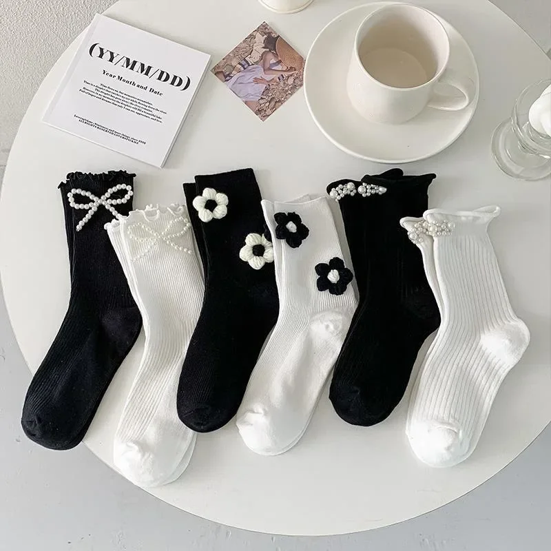 

Women Cotton Socks Ruffles Pearl Bow Mid Tube Sock JK Lolita Socks Retro Preppy Style Socks Spring Summer Sock