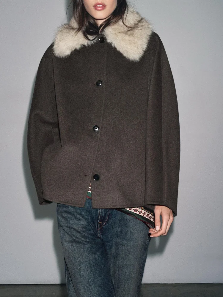 

European and American style autumn new fashion trend simple women's casual long-sleeved blended artificial fur collar jacket