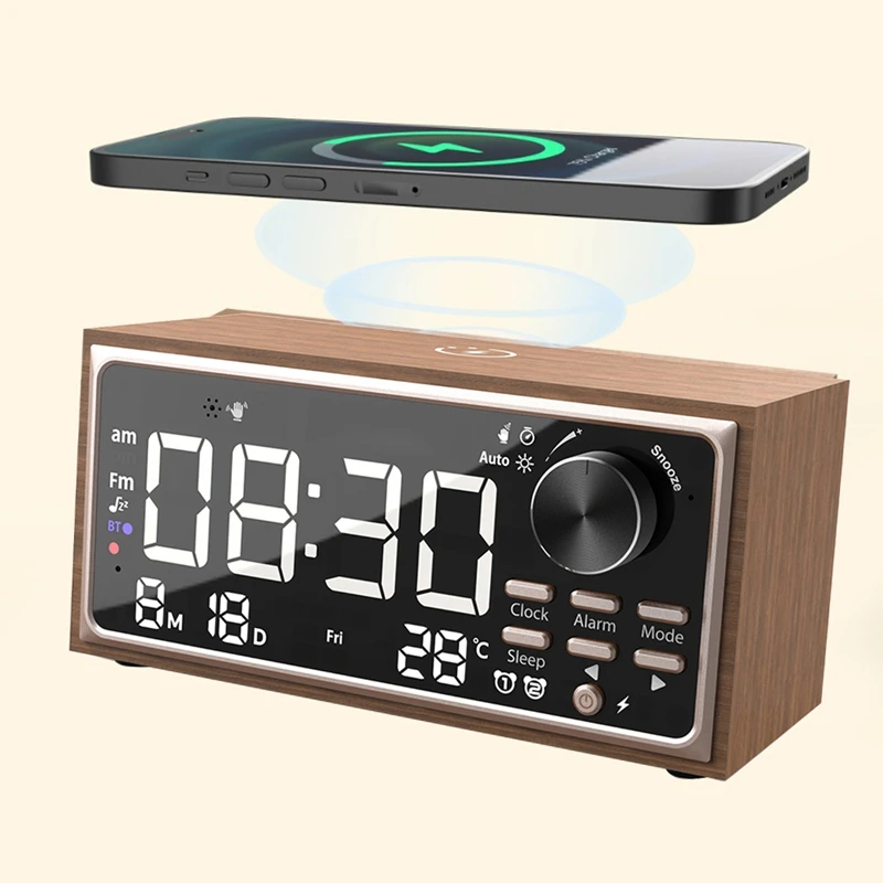 Vintage Dual Alarm Clock Radio With Wireless Charging, FM Radio, LED Display, Dimmer Control For Bedroom