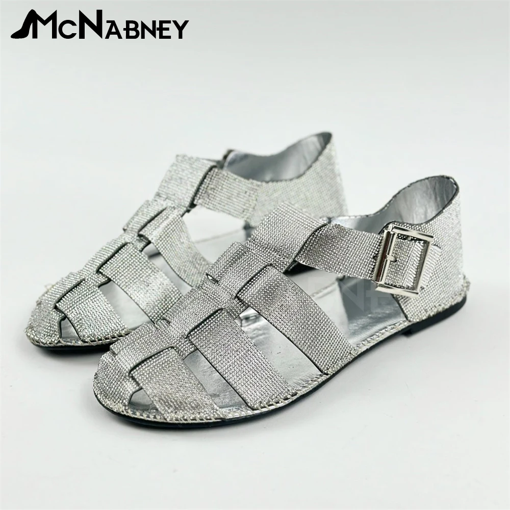 Luxury Silver Full Rhinestone Flat Sandals Round Toe Braided Crystal Buckle Gladiator Ankle Buckle Fashion Style Handmade Sandal