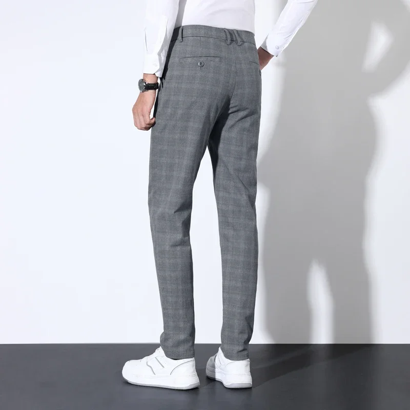 Autumn Winter Men\'s Plaid Striped Suit Pants Cotton Stretch Straight Business Casual High Quality Classic Fashion Trousers Male