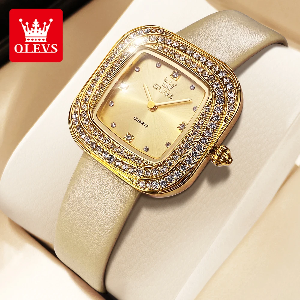 Luxury Watch With Leather Strap - OLEVS 패션 여성용 스퀘어 쿼츠 시계