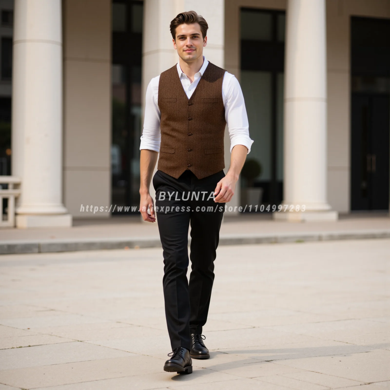 Setelan Bylunta Kasual Herringbone Beberapa Saku Rompi Pria Rompi Pernikahan Terbaru Slim Fit Pengiring Pria Tuksedo