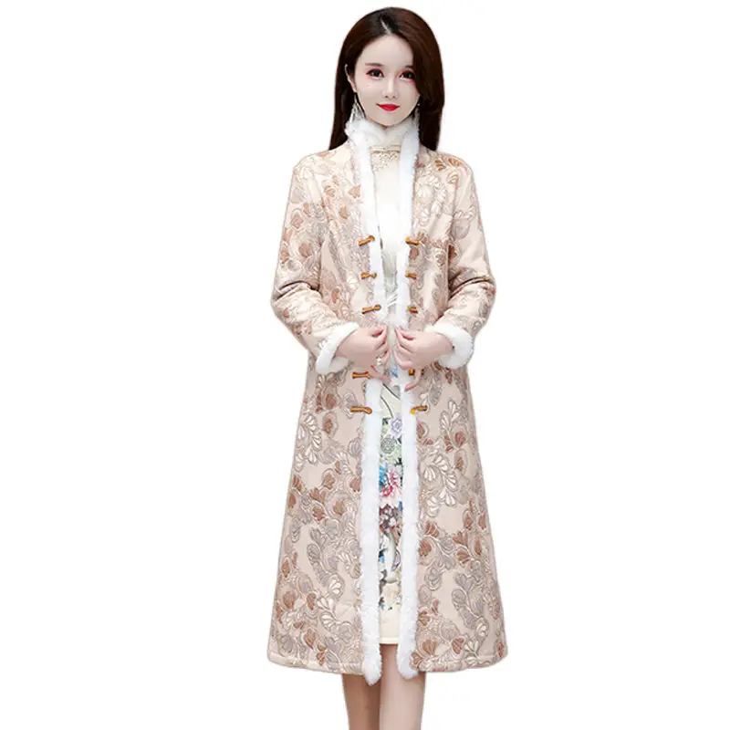 Chinese Style Autumn Winter Qipao Jacket Fleece Thickening Temperament High-End Women\'s Retro Elegant Cheongsam Long Coat T629