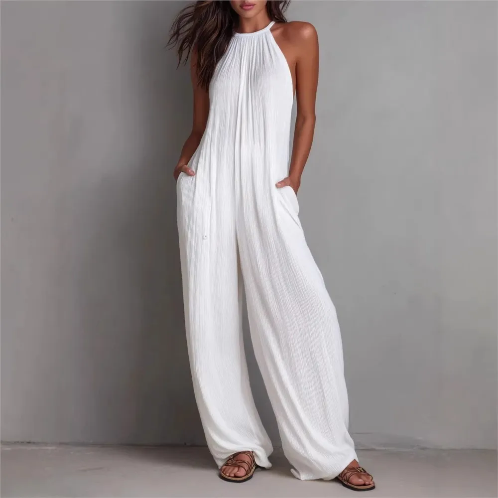 

Halter Neck Sleeveless Pleated Jumpsuit Summer Women's New Fashion Solid Color Sexy Backless Wide Leg Jumpsuit Roupas Feminina