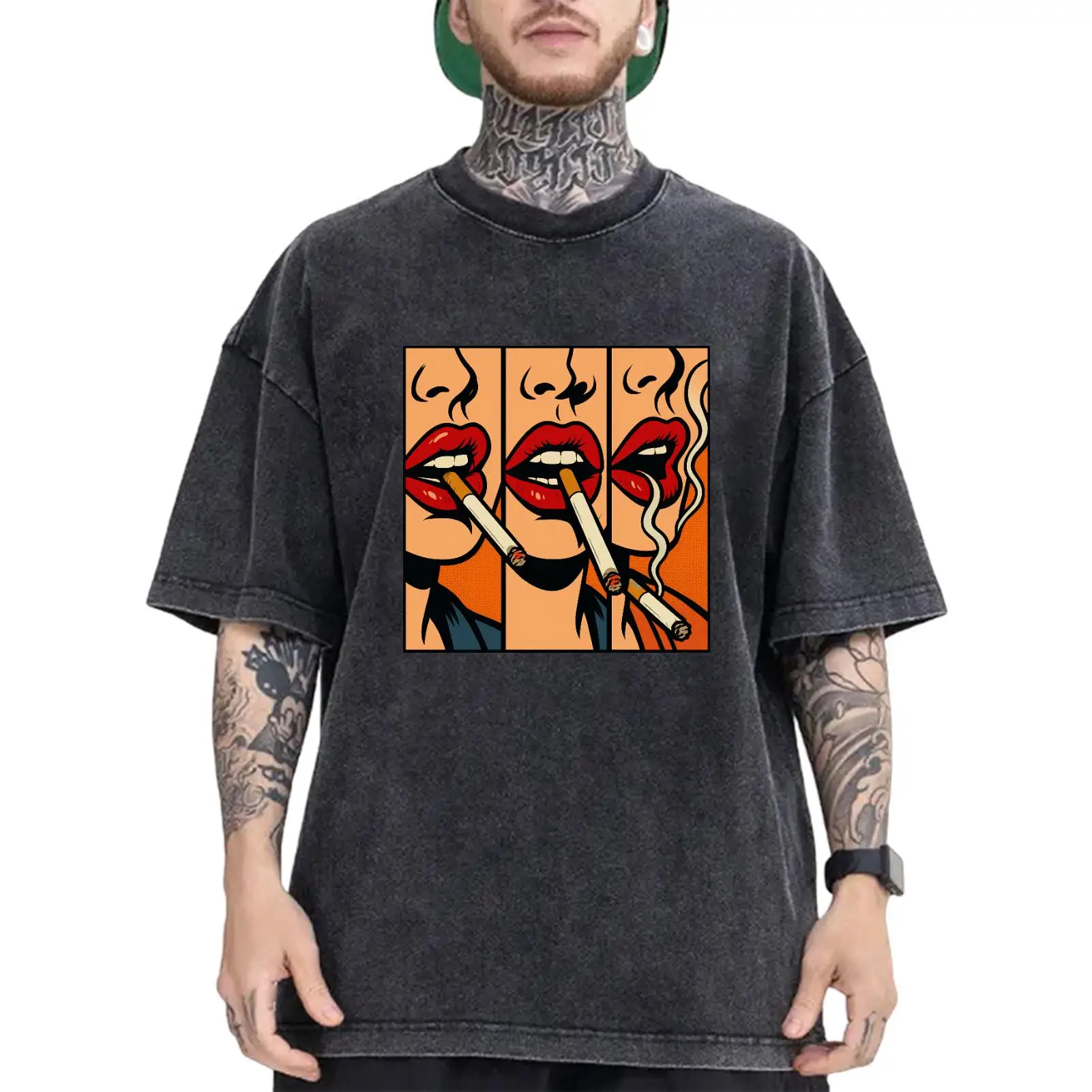 

Men Washed Oversized Retro Comic Mouth T-Shirt Pop Art Lips Smoke Graphic Tee Vintage Streetwear Loose Casual Top