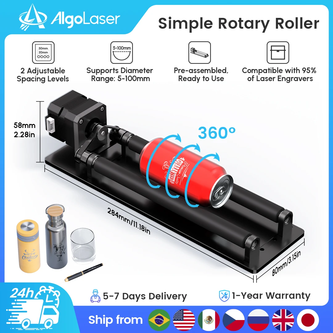 

AlgoLaser ARR Laser Engraver Rotary Roller Y-Axis 360° Rotating Can Engrave Cylindrical Object for XTOOL ACMER TWOTREES Sculpfun