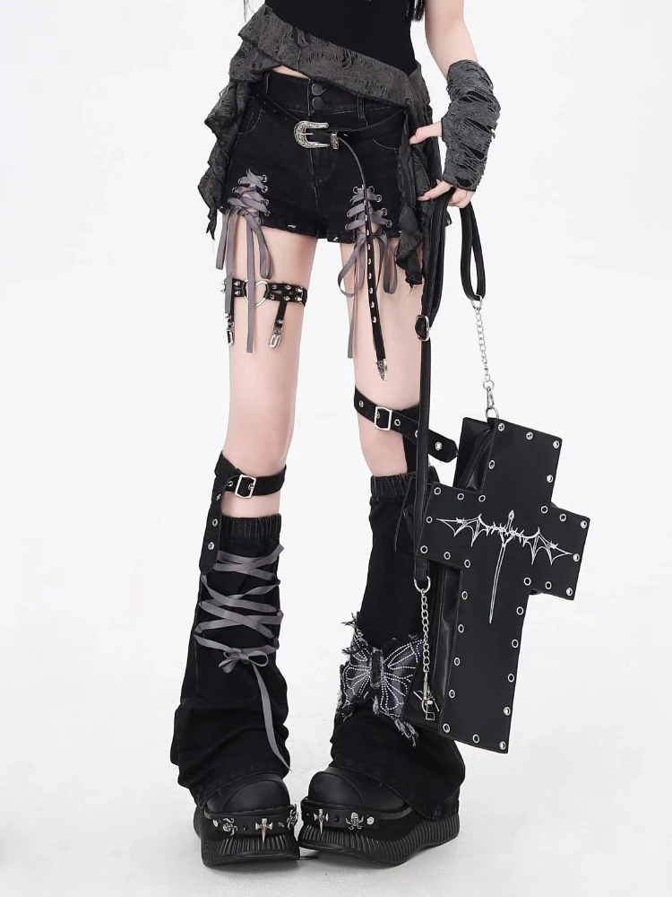 Punk Style Distressed Vintage Short Denim Jeans American Y2k Grunge Streetwear Solid Patchwork Women Washed Sexy Retro Summer