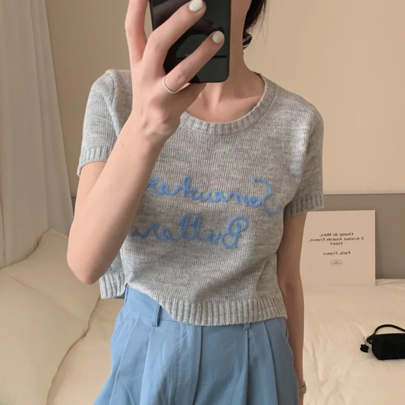 Embroidery Letter Ropa Mujer Hit Color Women Tops Round Neck T Shirt Short Sleeve Camisetas Office Lady All Match Clothes