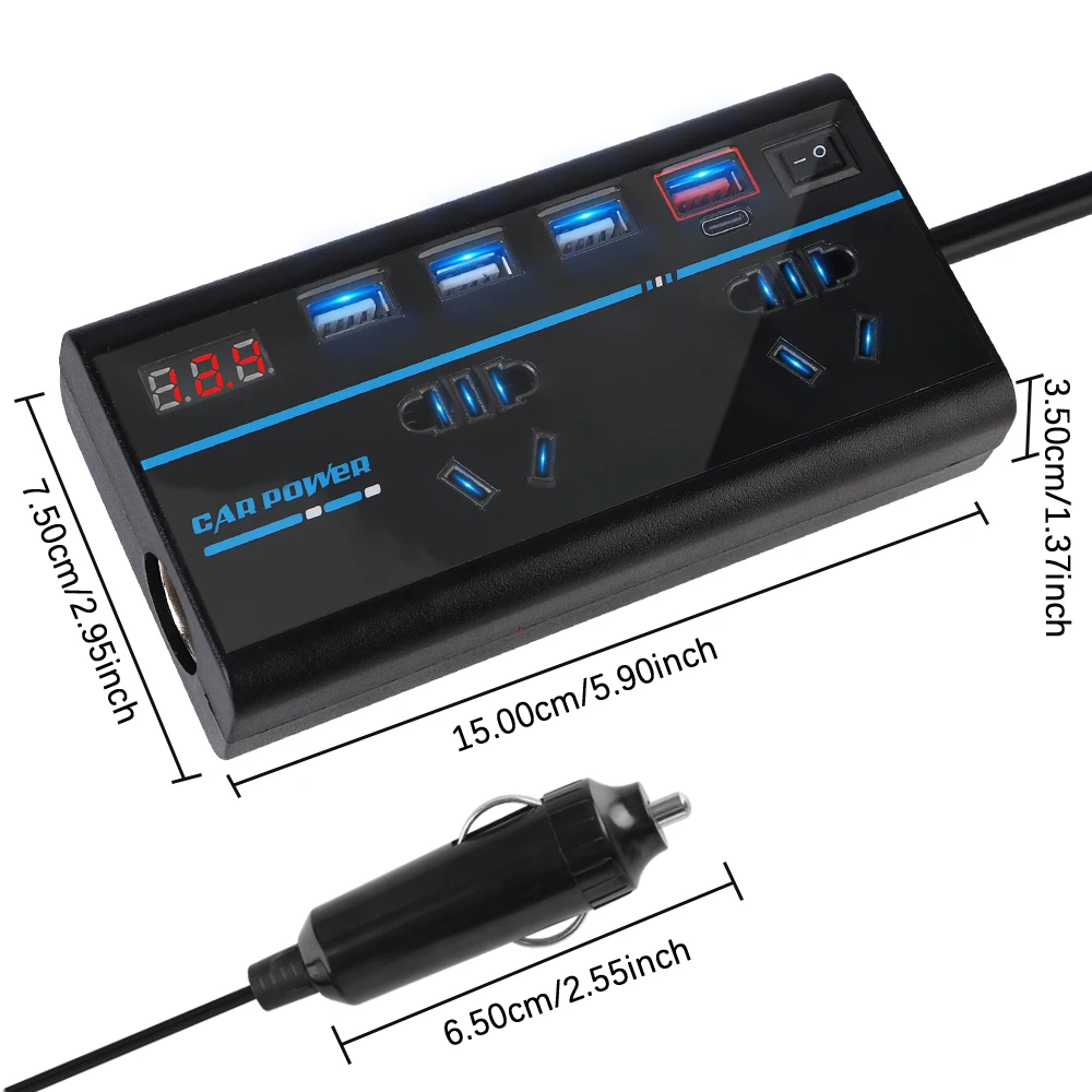 8 Ports Sockets ON/OFF Switch QC 3.0 Car Inverter 200W DC 12V/24V to AC 110V/220V Converter USB/PD/Type-C Chargers Power Adapter