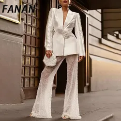 FANAN Elegant 2 Piece Set Women's 3D Flower Gathered Waist Diamond Blazers High Waist Wide Leg Pants Fashion Suits 2025 New