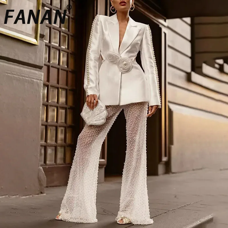 FANAN Elegant 2 Piece Set Women's 3D Flower Gathered Waist Diamond Blazers High Waist Wide Leg Pants Fashion Suits 2025 New