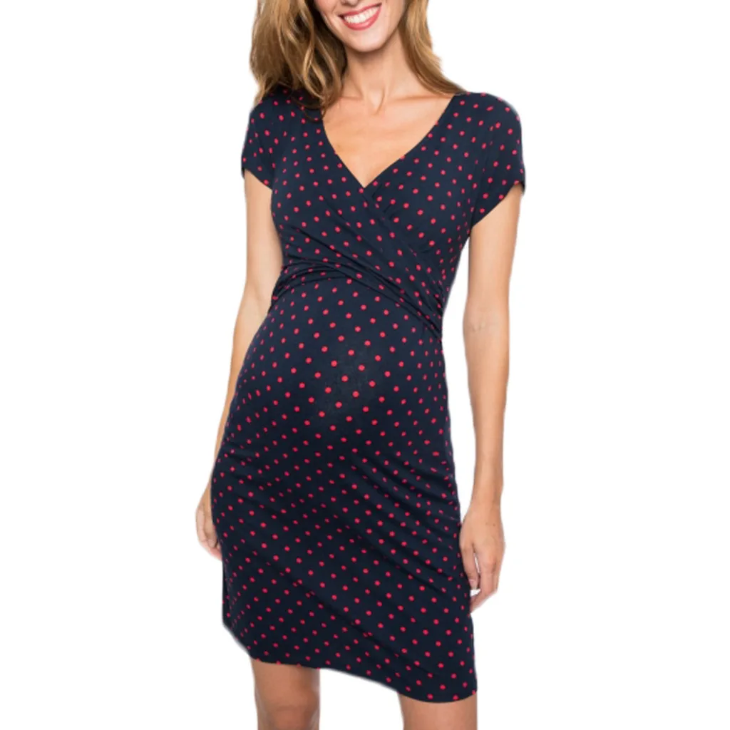 Source Manufacturer Hot Selling Nursing Clothes Polka Dot Printed Short-sleeved V-neck Maternity Nursing Dress