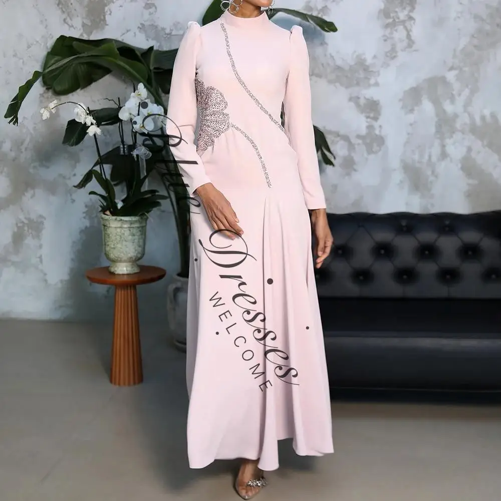 

customized A-line Evening Dresses Ankle-length High-neck Full Sleeve Prom Gown Fashion Crystal Flowers Simple Draped Party Gow