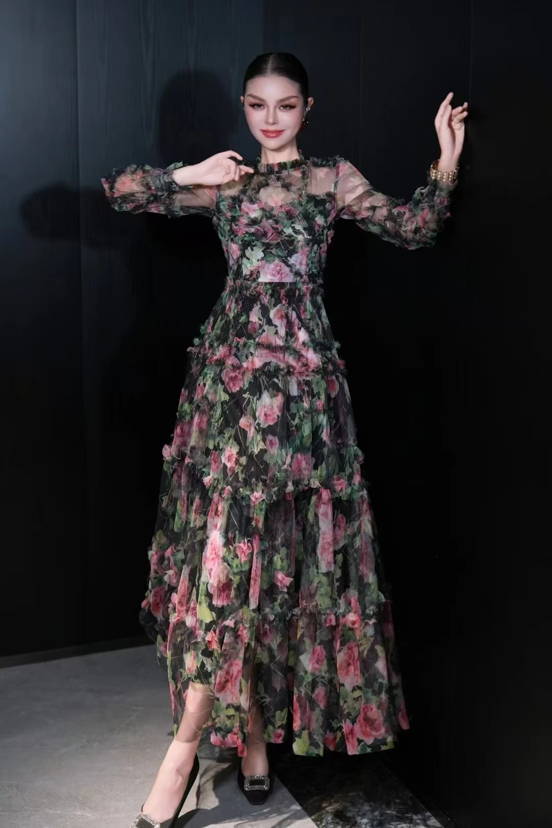 الربيع والصيف س الرقبة منظور بأكمام طويلة الربط الدانتيل الشيفون النسيج الطباعة رومانسية النمط الفرنسي المرأة فستان طويل #3