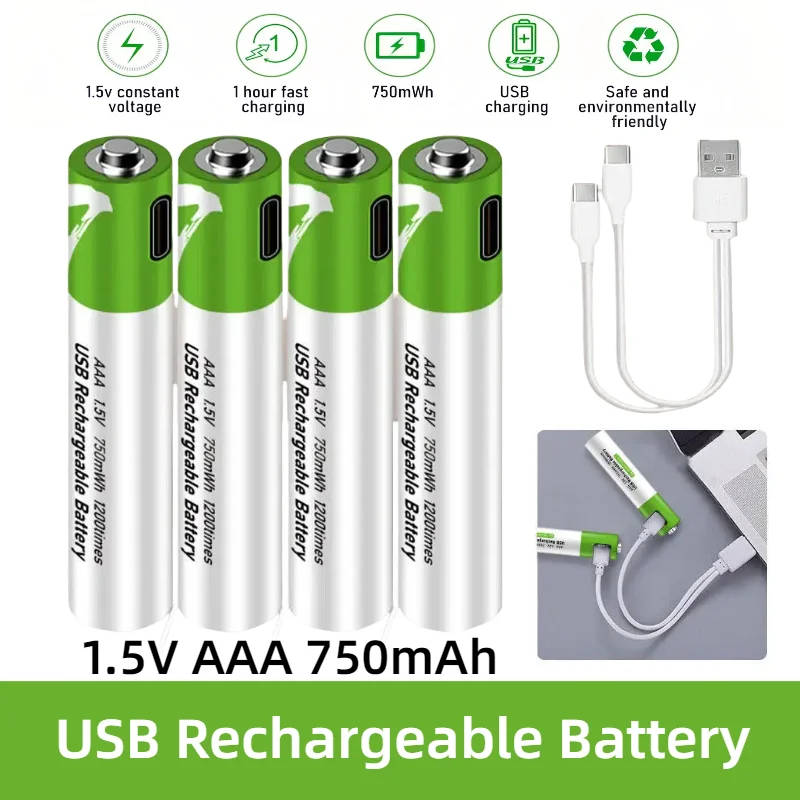 

AAA USB Rechargeable Batteries with Type-C charging cable1.5V 750 mWh Li-ion Battery for Remote Control Mouse Electric Toys
