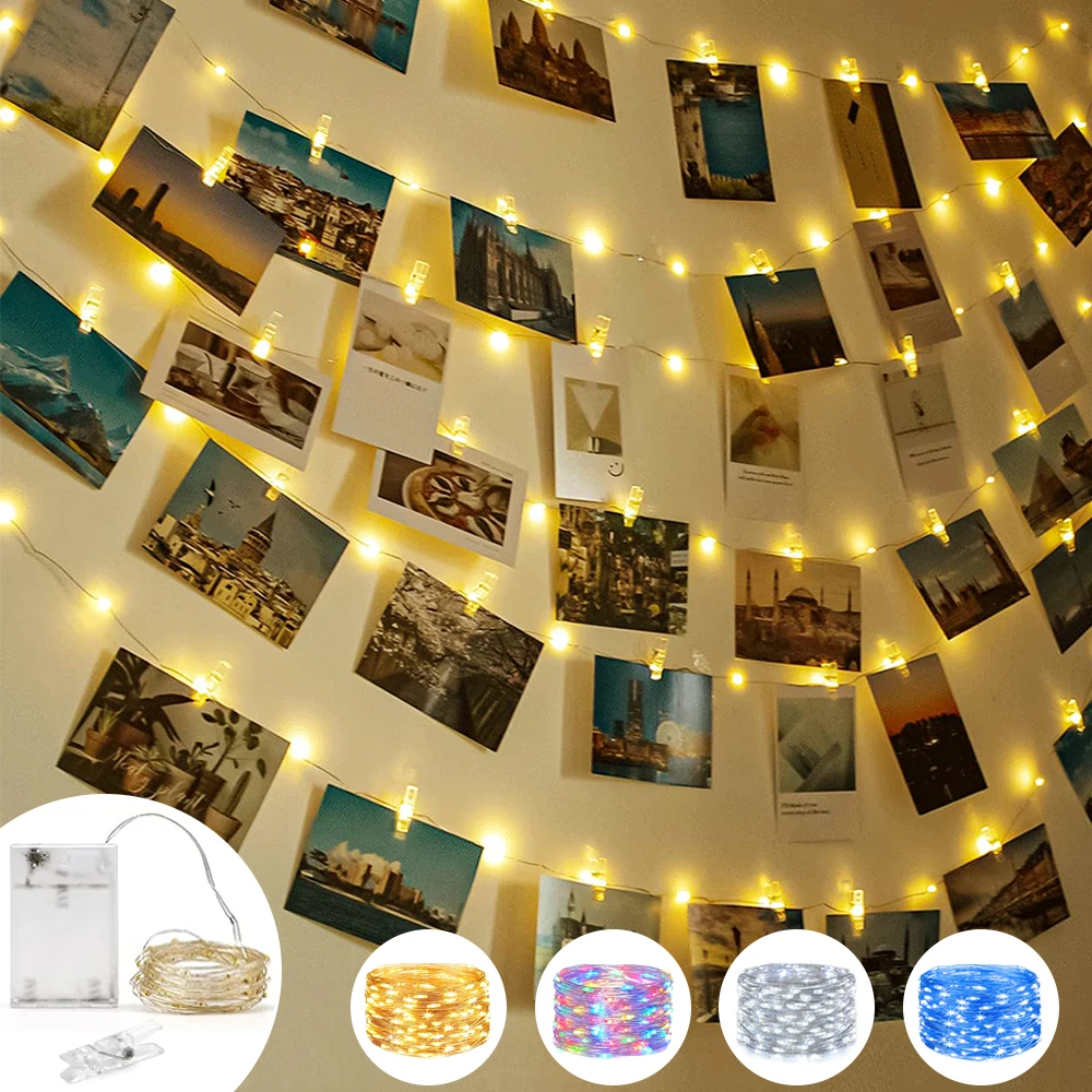 1pc Photo Clip Light String 2/5/10m 20/50/100led 10/30/50Clip Fairy Lights Fairy Lights Bedroom Wall Copper Wire Light String