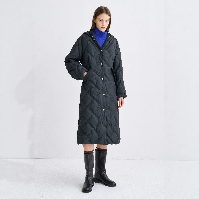 

High-End Korean Style Women's down Jacket 90% Goose down Hooded Midi Coat Warmth Quilted Nylon Fabric Long Sleeve Single Button