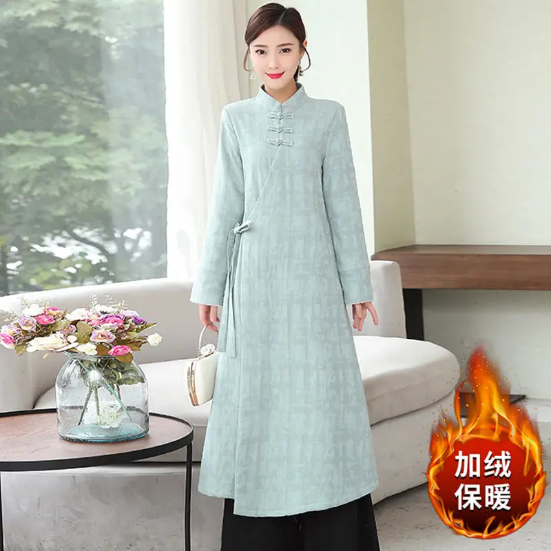 Zen Style Cotton Linen Ancient Women's Clothing Autumn And Winter Artists Han Modified Dress Fashion Lace Up Femme Vestido T1510