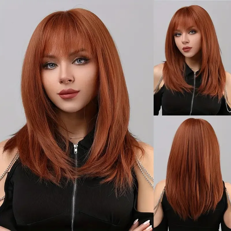 

Long straight hair, orange air bangs, same style, fashionable personality, Spice Girl wig, full headgear.