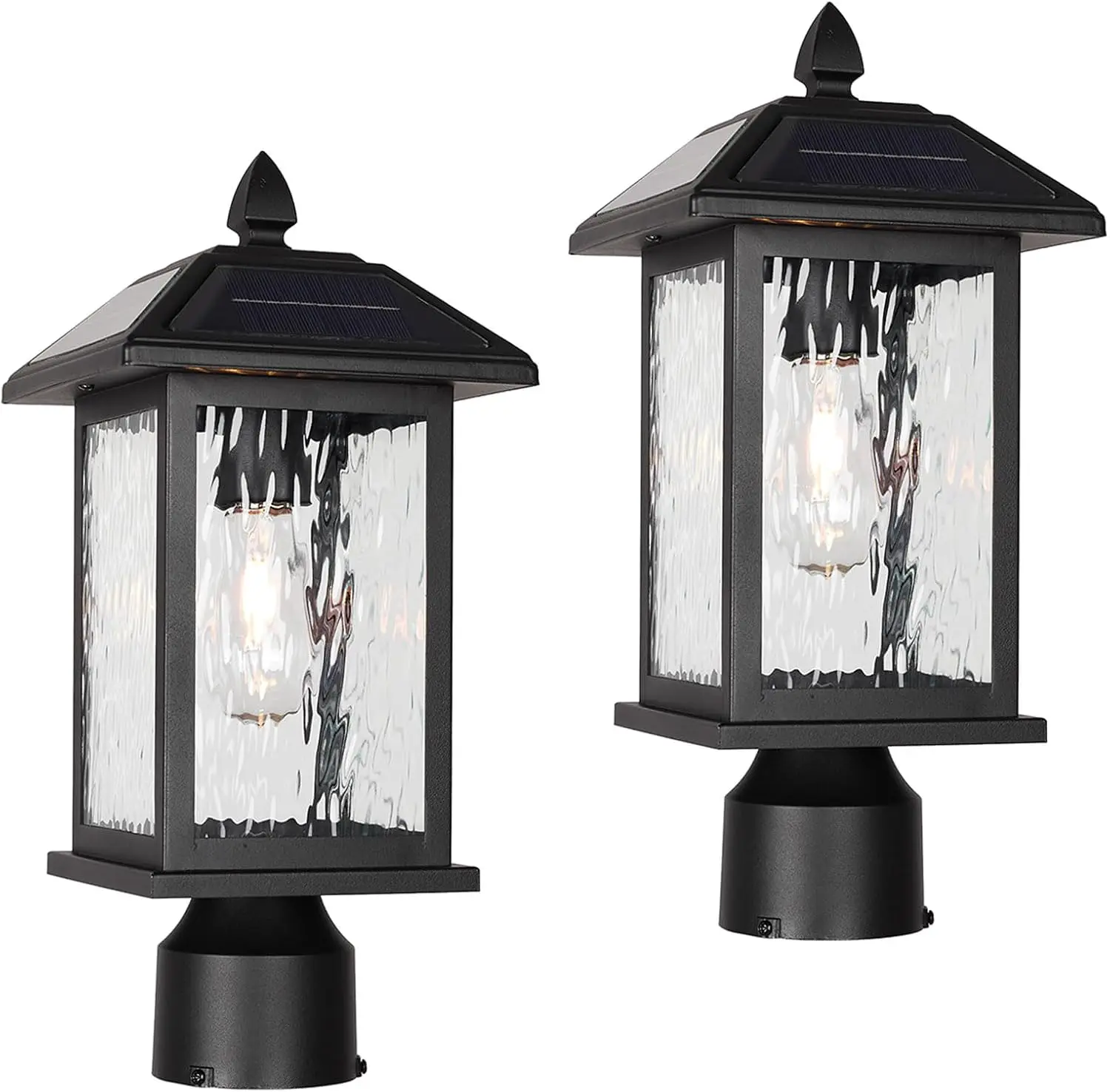 2 Pack Solar Outdoor Post Lights Fixture，Dusk to Dawn Modern Exterior Pillar Lantern with Black Finish & Water Ripple Glass，Wate